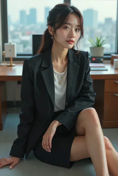 masterpiece, 8k, Photorealistic, beautiful Japanese mature woman, beautiful office worker, detailed face, business suits, pencil skirt, sitting on the floor