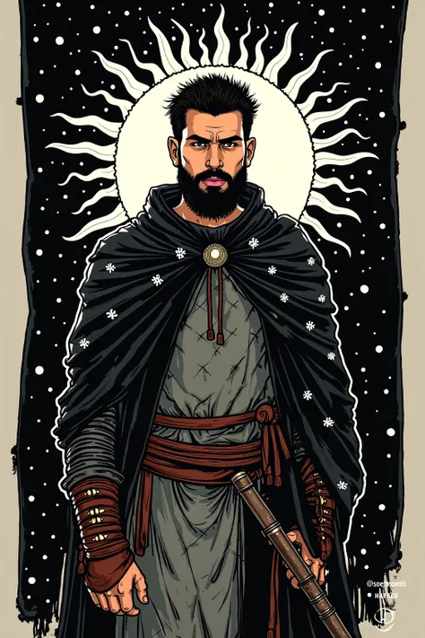 Harrion is a young medieval fighter. He has a beard and is considered fierce. He has a black cloak patterned with white suns. He wears quilted doublet of shite and black wool and some armor.  
On the background a large black banner with his coat of arms: a...