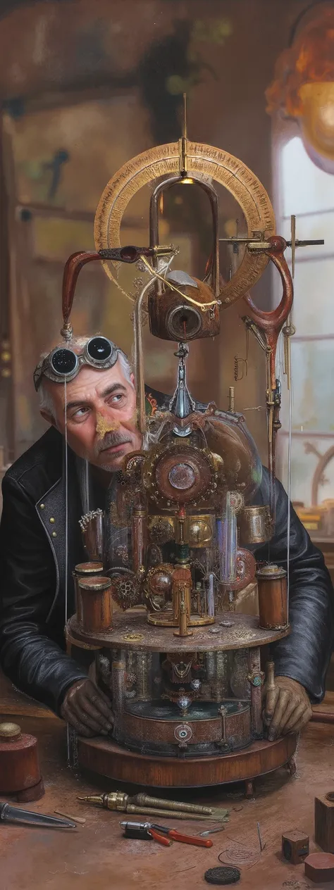 steampunk inventor building a clock