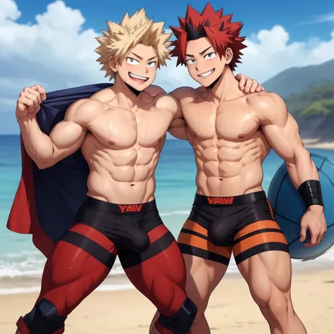 2boys, (bakugou katsuki, Eijiro Kirishima red riot), full body, male focus, muscular male, best quality, amazing quality, best aesthetic, absurdres, chilling at the beach, gay couple, official style, year 2023, game cg, looking at viewer, happy, looking at...