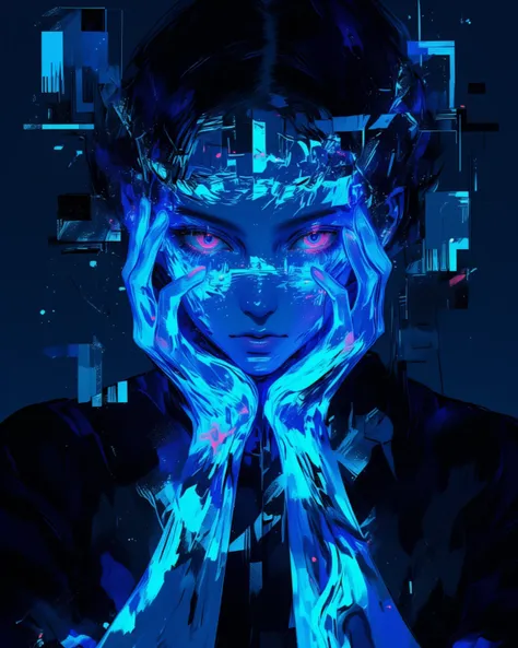 arafed woman with her hands together covering her face with a blue light, intricate artwork. neon eyes, emanating magic from her palms, with glitch and scribble effects, neon blue glass forehead, with glowing blue lights, overload, with blue light inside, ...