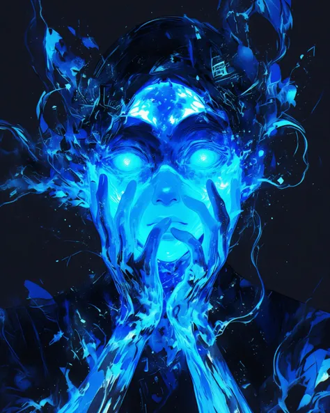 arafed woman with her hands together covering her face with a blue light, intricate artwork. neon eyes, emanating magic from her palms, with glitch and scribble effects, neon blue glass forehead, with glowing blue lights, overload, with blue light inside, ...