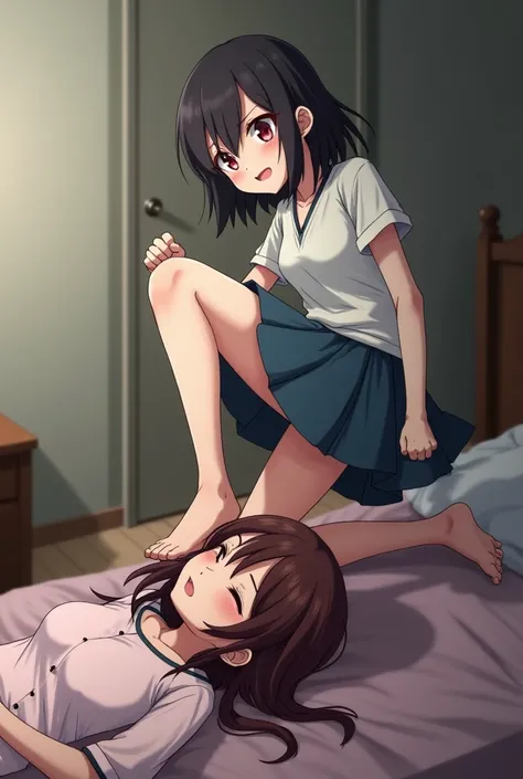 (anime)sadist short girl step on sleeping tall woman head like a footstool with one foot