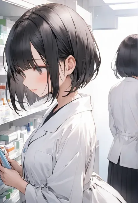 pharmacist、White、Fitting、 black hair、 bob cut、 girl 