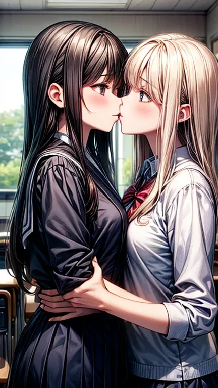  two high school girls, Japanese, is kissing,uniform, school classroom