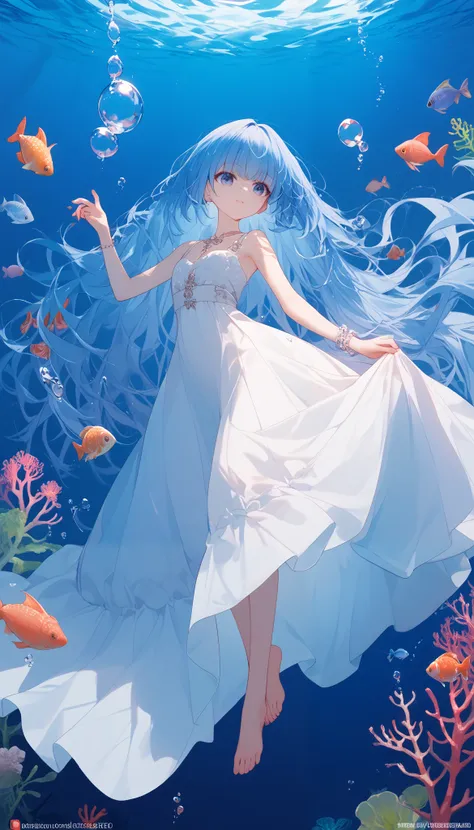 ((1 girl with long blue hair:1.4))，Full body solo shooting、((seabed:1.4))、Floats in water、Lots of small fish、(( white long dress、 barefoot))、Bubble、jellyfish、Coral Reef、Blue Fish、swim、Mysterious、 Fantastic