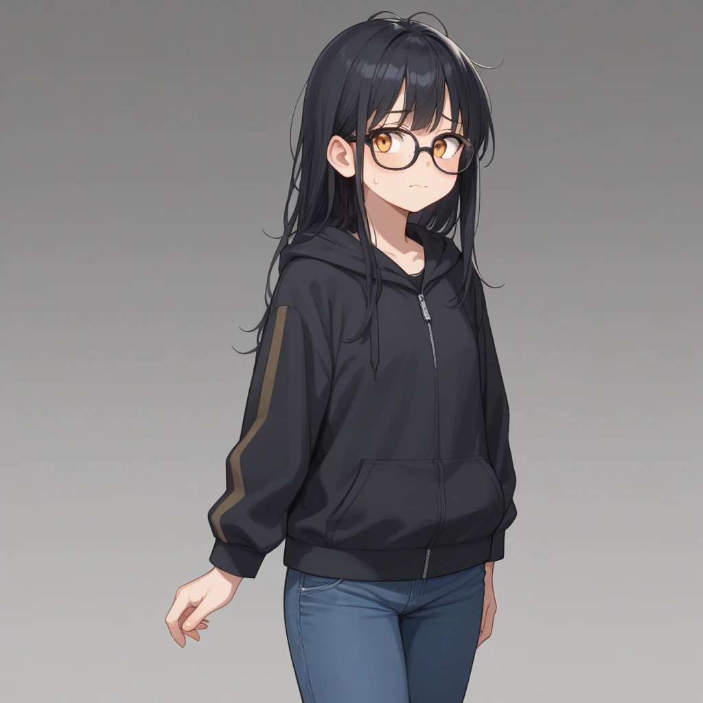  (loli:0.7), one girl , (anime:1.4),  golden eyes:1.2 ,  standing, furrowed brow, embarrassed

black hair:1.5, long hair:1.2, straight hair, messy hair:0.8 , glasses:0.6,

cowboy shot

jeans , ((girl is wearing only very long plain black hoodie)), plain ho...