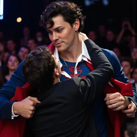 US President Trump And Noah Beck kiss each other.Noah Beck Close-up of face looking at the camera.A hyper-realistic scene of white-man Noah Beck is superman, black haircut,leaping impossibly high into the air, wearing black dress pants tearing his white bu...