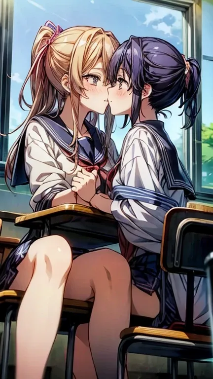  two high school girls, Japanese, is kissing,uniform, school classroom