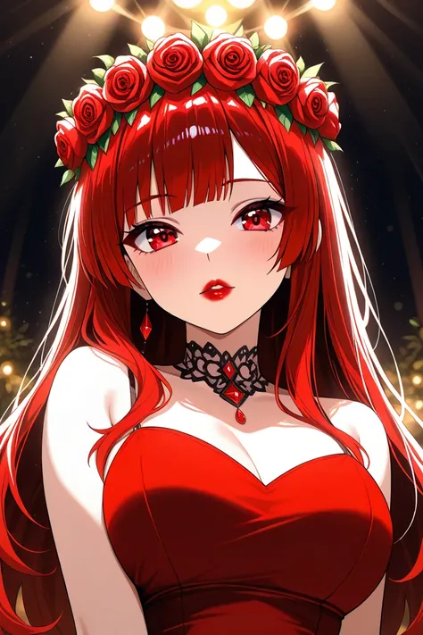 ( masterpiece),( best quality:1.0), ( ultra high resolution :1.0),   detailed illustration  , 8k, anime, 1 ,   beautiful anime girl  ,  wearing a red dress , flower crown,   pretty face,  detailed face, beautiful eyes,  detailed eyes,  Dark Red Eyes ,  bri...