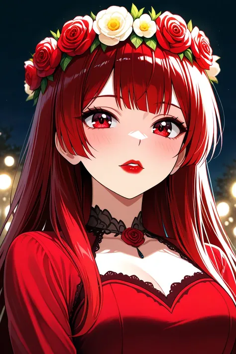 ( masterpiece),( best quality:1.0), ( ultra high resolution :1.0),   detailed illustration  , 8k, anime, 1 ,   beautiful anime girl  ,  wearing a red dress , flower crown,   pretty face,  detailed face, beautiful eyes,  detailed eyes,  Dark Red Eyes ,  bri...