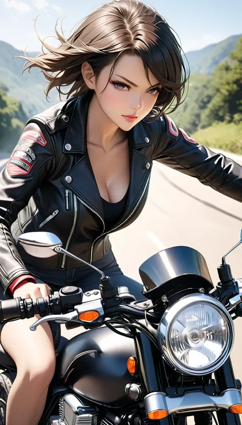  beautiful female motorcycle rider in a black leather jacket.domineering personality, . Cold and indifferent look  , creates an inviolable atmosphere 。Riding a motorcycle 、 demonstrates his excellent leadership skills 。perfect composition. best quality、 hi...