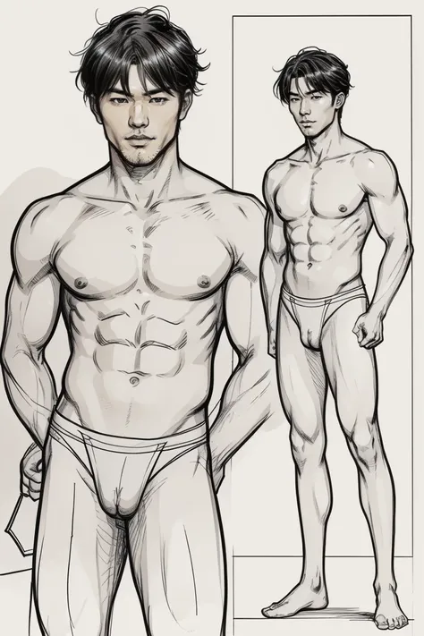 (masterpiece), best quality, concept art of character design Layout of a same character male, full Body Portrait Head a Young Masculine Japanese Men Erotic pose, only white background, detailed comic artstyle, different erotic pose.