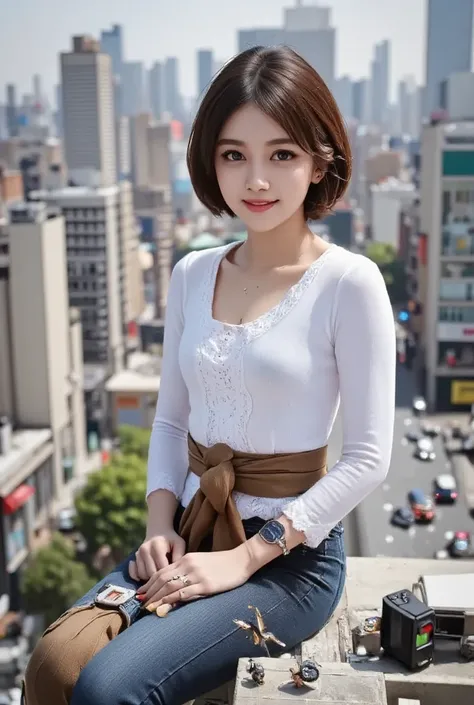 Young woman 20 years old ,  short black hair , full body, wearing a shirt, jeans, giant sized ,  walking in the middle of a city with lots of buildings and cars, Sit on top of the building, plays car and plane ,  realistic face facing front  