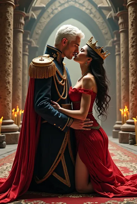 A handsome man is kneeling on the floor,  handsome male general with a crown on his head , wearing a long royal robe on his shoulders,  with white hair with a clean face,  European look ,  with blue eyes , a full-length beautiful woman with dark long hair ...