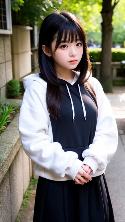 (Beautiful  Japanese girl),  cute face, ( Deeply Carved Face:0.7), (Freckles:0.6), Soft light, healthy white skin, shy,  side tail, ( serious face), (Sparkling Eyes), thin,straight bangs, black hair, hoodie,whole body, long skirt