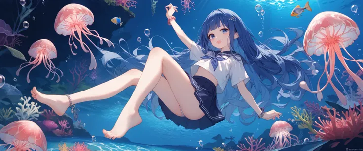 (( dark blue hair long hair 1 girl:1.4))，Full body solo shooting、((seabed:1.4))、Floats in water、Lots of small fish、((jellyfish skirt、 barefoot))、A lot of bubbles、jellyfish、Coral Reef、Various fish 、Blue Fish、School of sardines、swim、Mysterious、 Fantastic