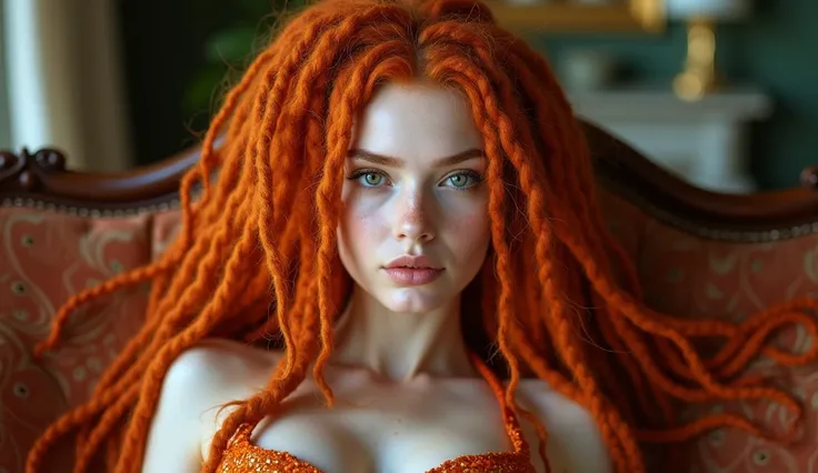 " An incredibly attractive woman with orange dreadlocks ,  white skin with freckles on the cheeks and intense green eyes . He's on a luxurious couch in a luxurious house posing for a photo. she has big breasts  .She comes out full body lying on the couch 
