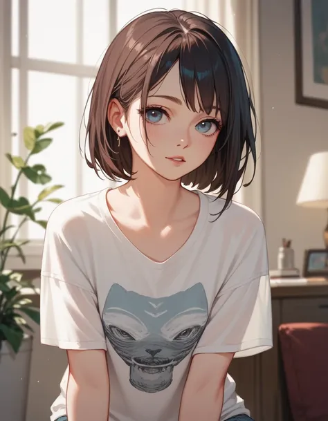 anime style, 1 woman, lean forward, clavicle, loose t-shirts