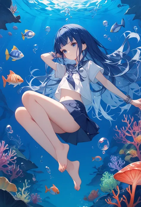 (( dark blue hair long hair 1 girl:1.4))，Full body solo shooting、((seabed:1.4))、Floats in water、Lots of small fish、(( barefoot))、A lot of bubbles、jellyfish、Coral Reef、Various fish 、Blue Fish、School of sardines、swim、Mysterious、 Fantastic