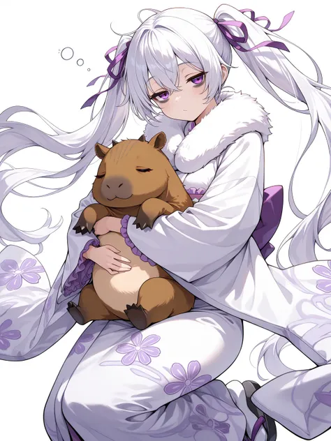 1girl, white hair, very long hair, twintails, purple eyes, hair ribbon, looking at viewer, sleepy, bags under eyes, closed eyes, (fur-trimmed kimono,  white shade lilac kimono, frills, hair ribbon), baby capybara in cute snake costume, animal hug, dynamic ...