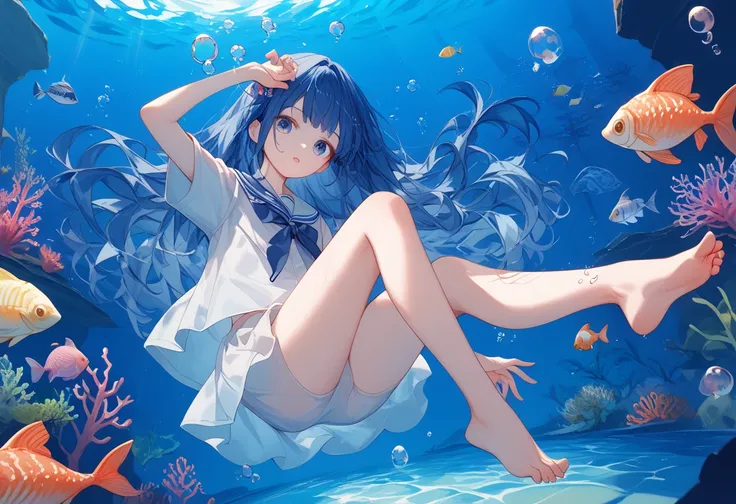 (( dark blue hair long hair 1 girl:1.4))，Full body solo shooting、((seabed:1.4))、Floats in water、Lots of small fish、(( barefoot))、A lot of bubbles、jellyfish、Coral Reef、Various fish 、Blue Fish、School of sardines、swim、Mysterious、 Fantastic