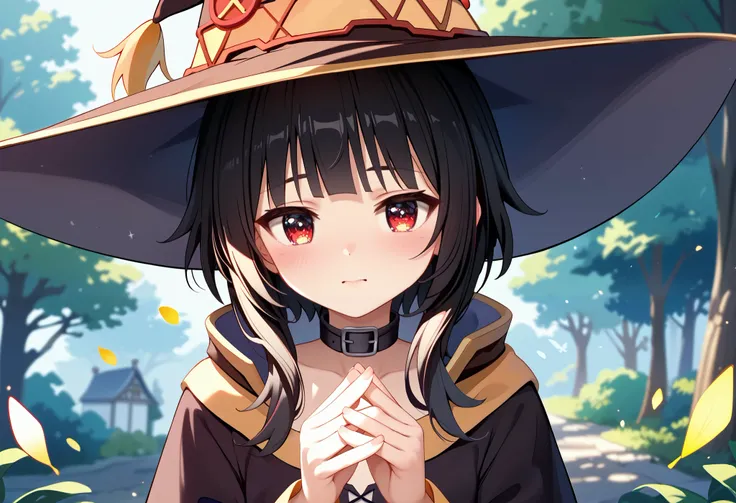  anime girl wearing a witch hat、Megumin、 Flirty Anime Witch Casting Magic 、 Ayaka Genshin Impact 、Konosuba anime style、 anime style 4k、 anime moe art style 、 cute girl anime visual、Black Haired Mage 