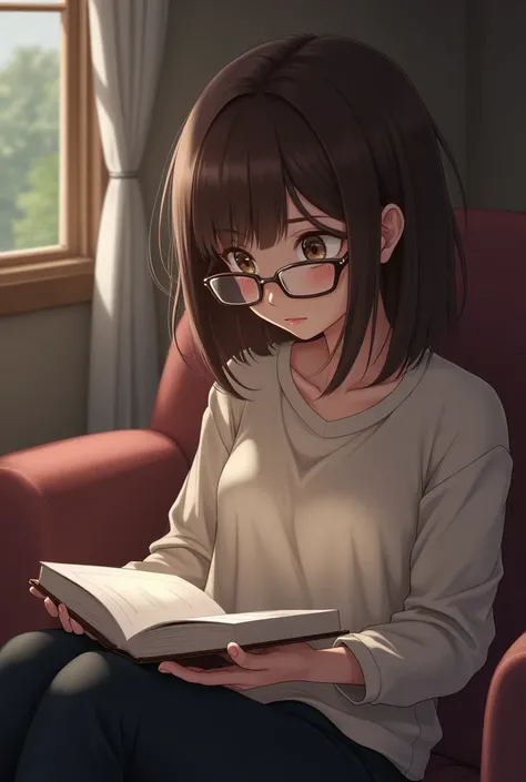 girl reading with not too long brown hair without bangs with rectangular glasses 