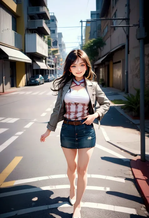 pretty young woman, crossing a road, downtown area, BREAK, (forehead, dark-brown hair, long wavy hair), BREAK, ( (gray long sleeves jacket), white crop undershirt, multicolored scarf, dark-blue denim pencil mini skirt, brown belt, white flatshoes, BREAK, (...