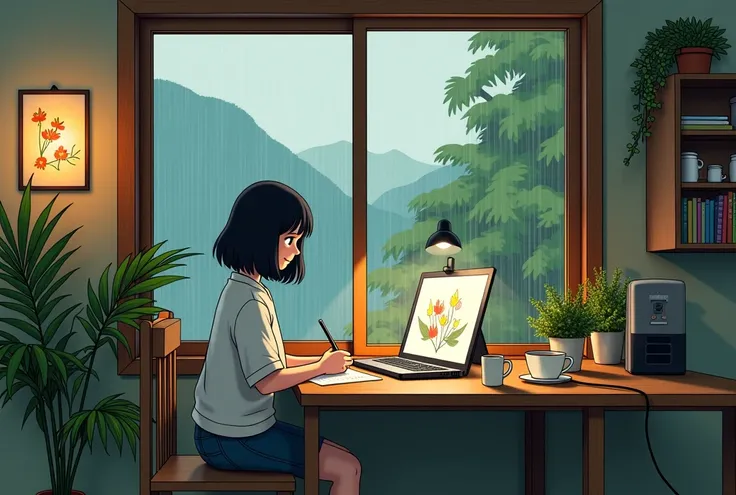 " creating a nostalgic scene featuring Miyazaki Hayunpu's Japanese girl .  while listening to music 、 is drawing a picture.  the girl writes in front of the computer .  Next door is a cup of coffee  ,  cup .  The girl is in a cafe and 、. Through the window...