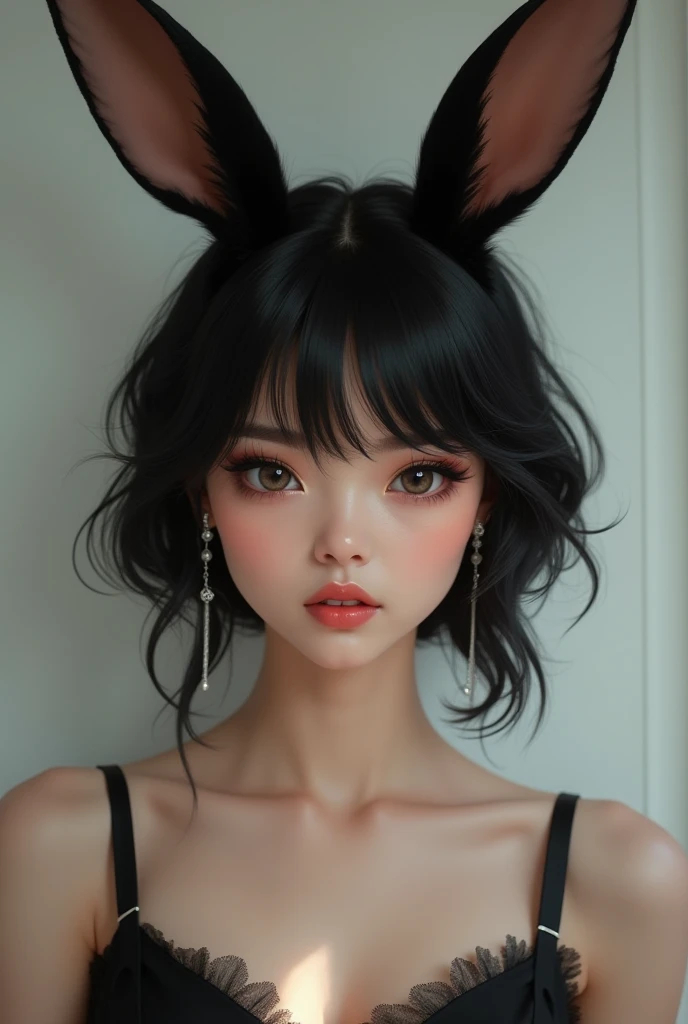 Realistic woman with black bunny hair