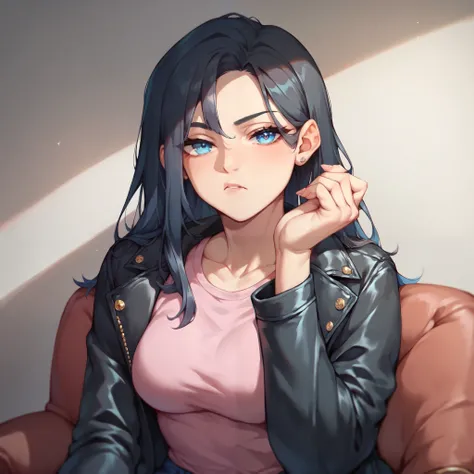 a female with long black hair  and light blue eyes. she is wearing a pink shirt, blue jeans, and a black leather jacket. she looks at with you a bored expression on her face. she sits in a chair in a meeting room.