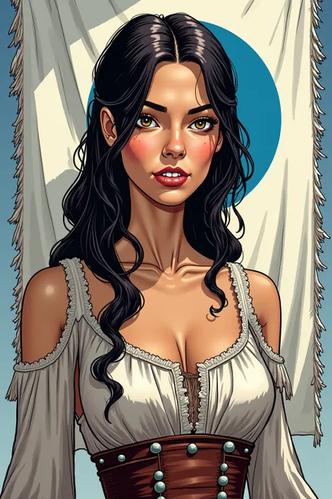 Jeyne is an attractive girl with brown eyes, dark hair, and pretty white teeth. She is skinny, and has a small bosom. She wears the clothes of a medieval lady of minor nobility. 
On the background a large white banner with a with a grey tressure. In the mi...