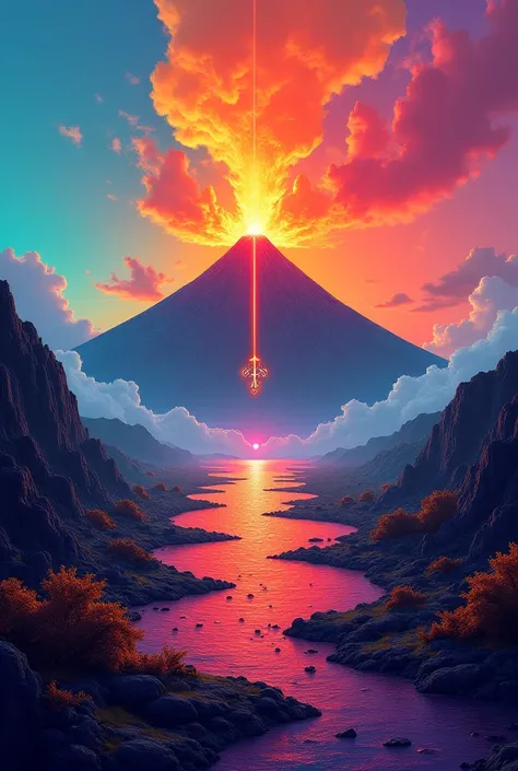 A picture of mixed beautiful colors with a symbol in the middle and a volcano in the background 