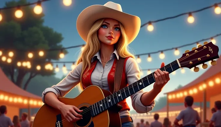 (photorealism:1.2), "A hyper-realistic, ultra-detailed digital painting of a confident blonde cowgirl performing on stage at an outdoor country music festival. She wears a traditional white cowboy hat, a white button-up shirt, and a vibrant red embroidered...