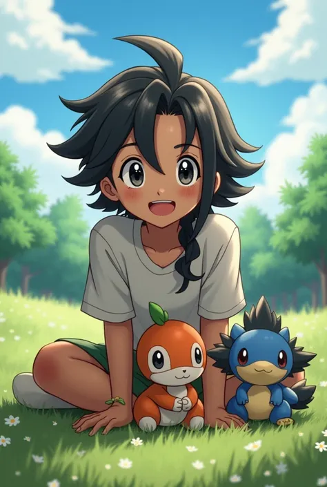  Create a boy with long hair and brown skin with black eyes with loose-fitting clothes,  where he is lying on the grass with all the Pokémon from the anime , adapting it to his style with a beautiful landscape behind .