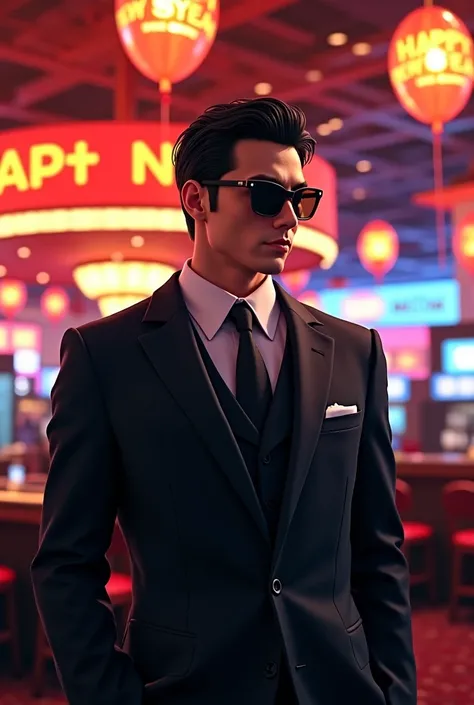 Handsome Japanese mafia with short hair wearing sunglasses playing in a casino, 배경에는 happy new year 풍선이 떠다닌다