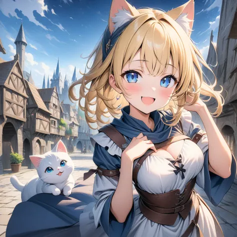 (( style:Colored pencil,Light color)),(Anime)、(Masterpiece:1.2),  atmospheric perspective , lens flare、 Otherworldly Fantasy 、Medieval  style cityscape、Medieval  style costume、rpg world、Adventurous girl、Cat ears、 blond、blue eyes、Look at me and pose  cutely...