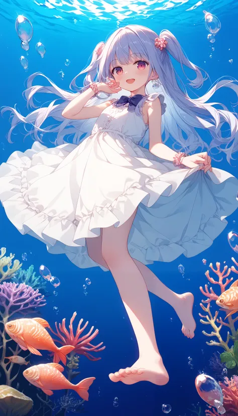 ((紺色髪ロングヘア女の子1人がswim:1.4))，Full body solo shooting、((seabed:1.4))、Floats in water、Lots of small fish、(( in a white dress 、 barefoot))、A lot of bubbles、jellyfish、Coral Reef、Various fish 、Blue Fish、School of sardines、swim、Mysterious、 Fantastic