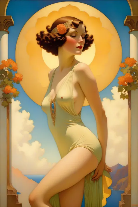 captivating oil painting focusing on the theme of a sensual woman, deeply influenced by the elegance of Art Deco, the organic forms of Art Nouveau, 1920s, Maxfield Parrish Style - a woman in the style of Maxfield Parrish
