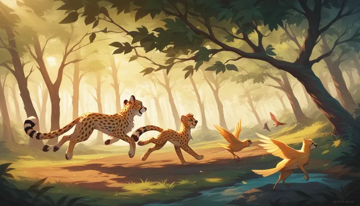 "A playful, animated cheetah running gracefully through a vibrant forest filled with tall colorful trees, surrounded by leaves fluttering in the wind. The cheetah’s golden-yellow fur with black spots glistens under sunlight, and animals like monkeys and bi...