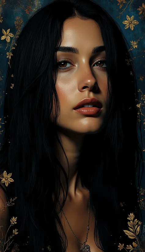 a brazilian woman with long black hair in a gold painting, in the style of charlie bowater, dark blue and dark black, michael garmash, comic art, realistic color palette, dark black and beige, soft-focused realism,aidmamj6.1