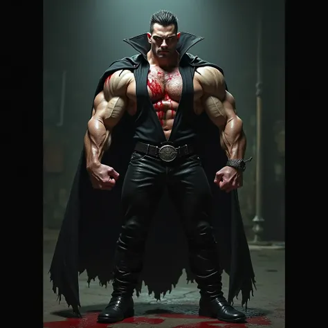 Vampire with tank top bloody chest, tight leather pants,. black boots, biceps, bulge,.ass, lack