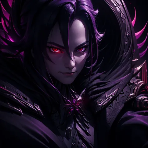 Sitting on a throne and smirking, epic, cinematic, dark, gloomy, purple-black background color patern, glowing red eyes, ultra detailed eyes, close up, detailed, 4k, 8k, X-shaped eyes