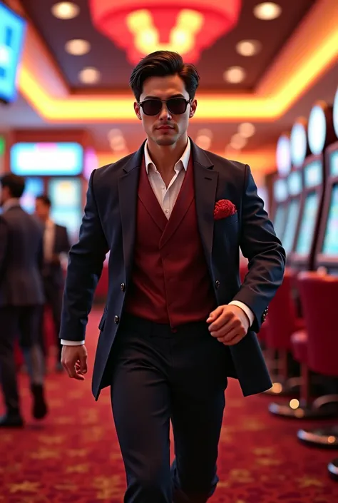 A handsome Japanese mafia with short hair, wearing Hanbok, sunglasses, and a very nice body running at a casino, 8k, Very clear and natural