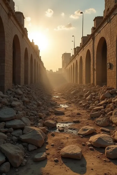 Please create a background image where there is debris from Jerusalem and depressed mood and there is a jump there Bring theme Home now and in small should still be written somewhere what are you letting it happen again like 80 years ago