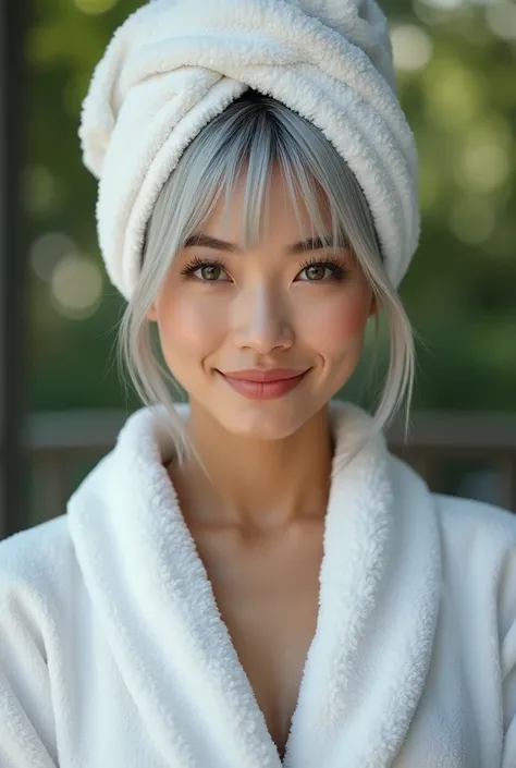 Extremely photorealistic beautiful youthful looking gray haired Ariana Grande a sexy beautiful youthful looking Asian as a 50 years old wom an supermodel her comple tely gray hair is wr ap in a towel on head her a mature yet youthful appearance she may be ...