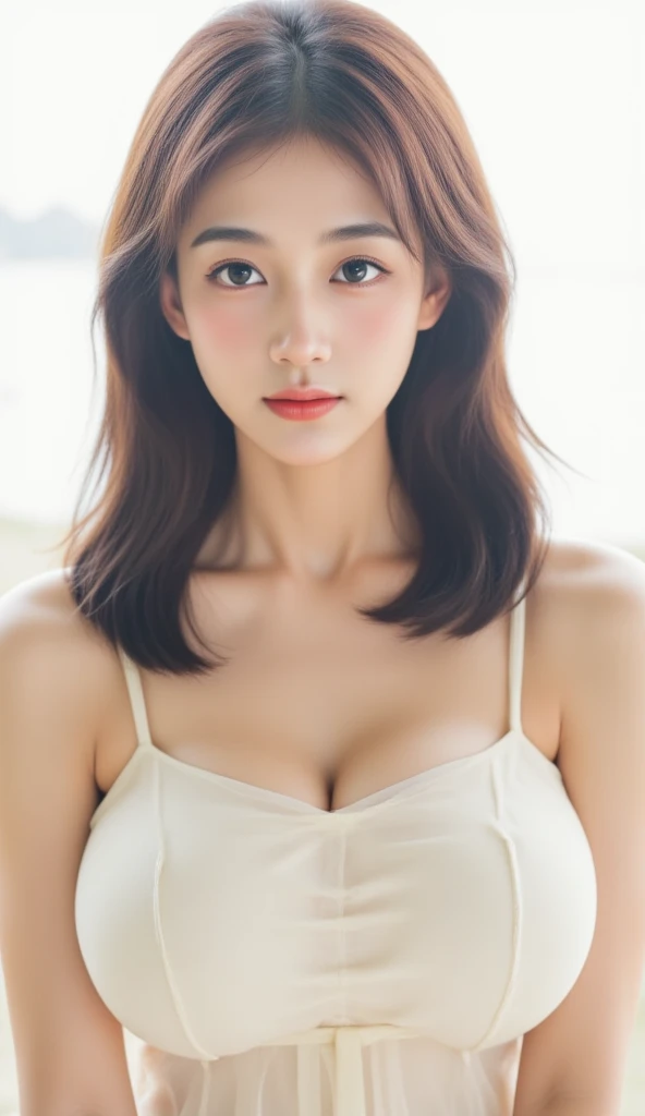 A real photo of a lovely Korean star,  medium length hair, Fine hair,  White Skin, Light makeup,, wearing white clothes , Close-up portrait,  Ultra HD，front，Forehead exposed，full forehead，Don&#39;t cover up the role， simulate the face ，Very bright color wi...