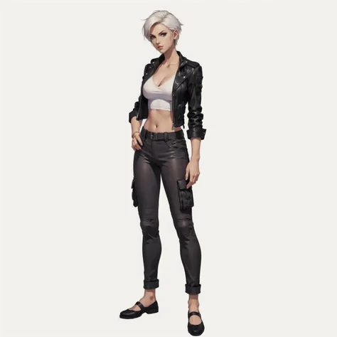 there is a woman in a black jacket and grey pants, character from king of fighters, full body character portrait, tifa lockhart with white hair, single character full body, character full body portrait, looking like annie leonhart, full-body character port...