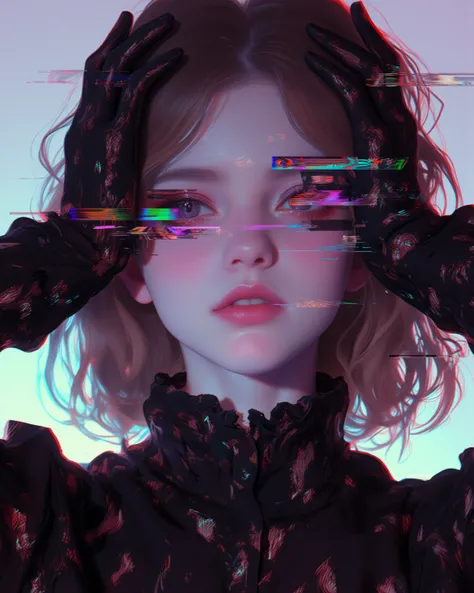 arafed image of a woman with her hands on her head, glitch effect, young glitched woman, anaglyph effect, beautiful glitch art dream, glitch effects over the eyes, glitched, analog glitch art, glitchpunk girl, digital glitches glitchart, glitchy, glitch ef...